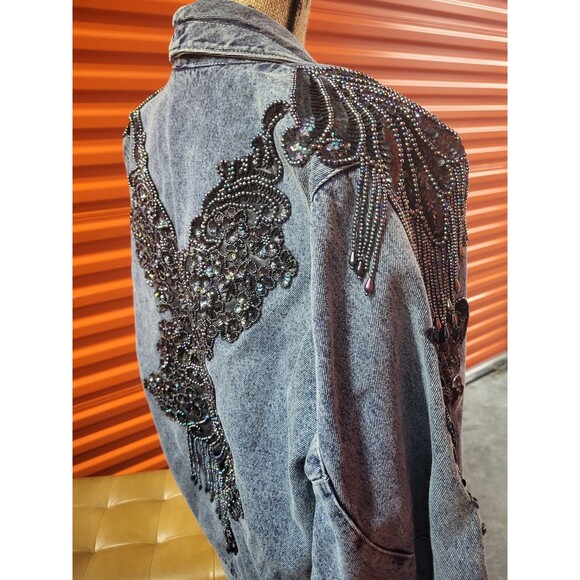 Oversized Embroidered Sequined Blue Jean Jacket Size Medium - Picture 8 of 9